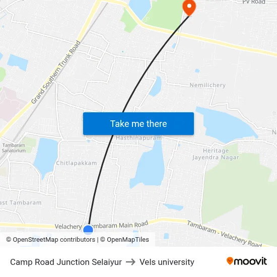 Camp Road Junction Selaiyur to Vels university map