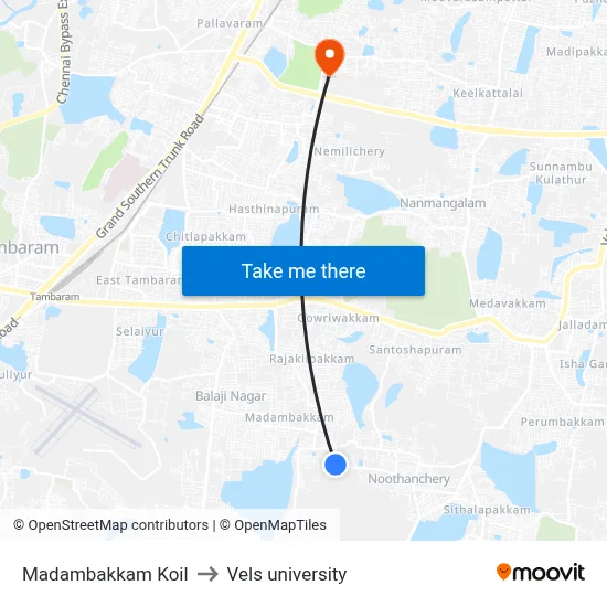 Madambakkam Koil to Vels university map
