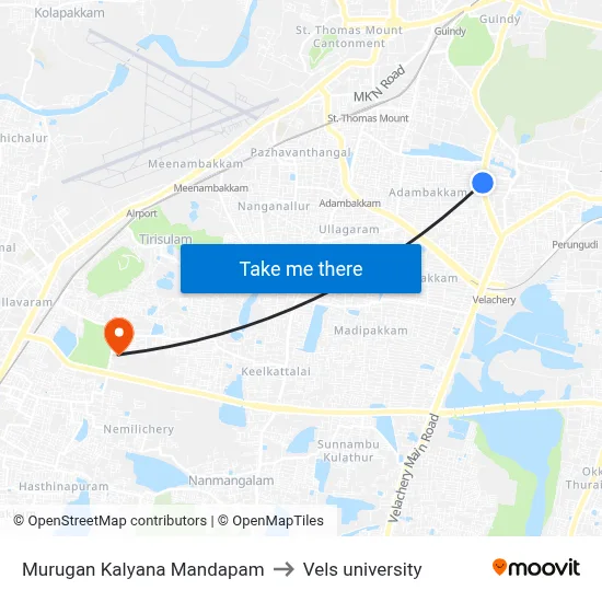 Murugan Kalyana Mandapam to Vels university map