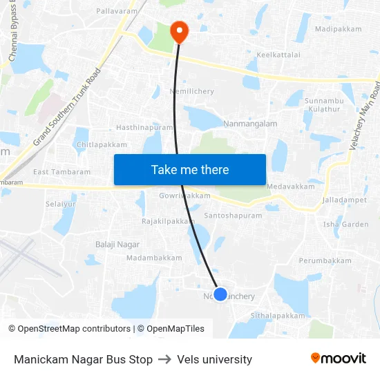 Manickam Nagar Bus Stop to Vels university map
