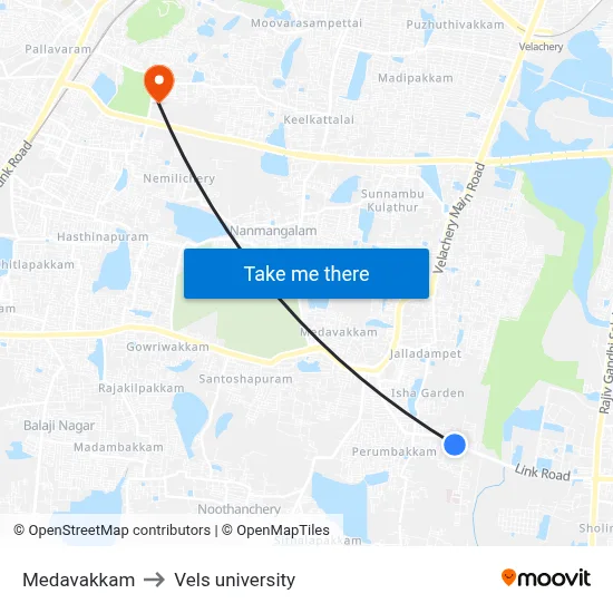 Medavakkam to Vels university map