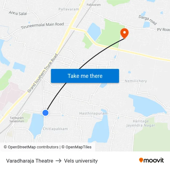 Varadharaja Theatre to Vels university map