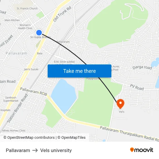 Pallavaram to Vels university map