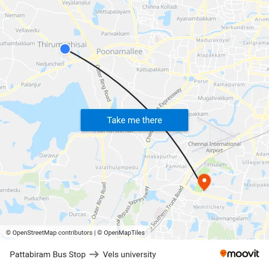 Pattabiram Bus Stop to Vels university map