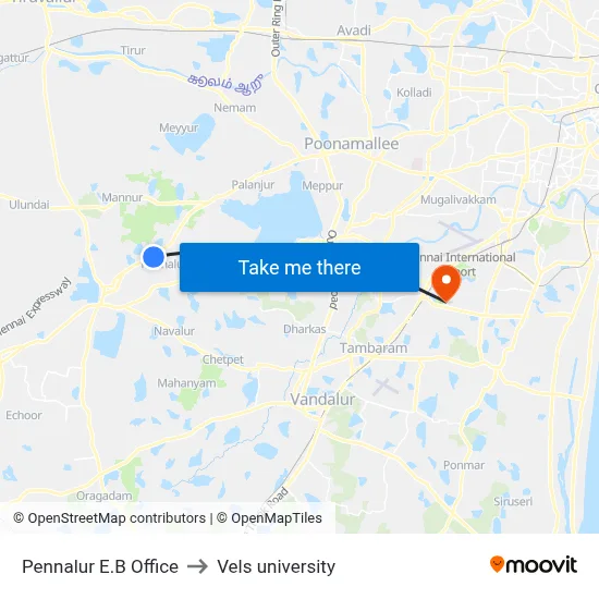Pennalur E.B Office to Vels university map