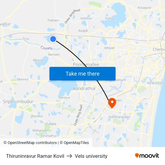 Thiruninravur Ramar Kovil to Vels university map