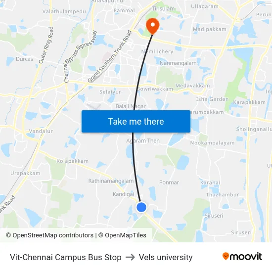 Vit-Chennai Campus Bus Stop to Vels university map