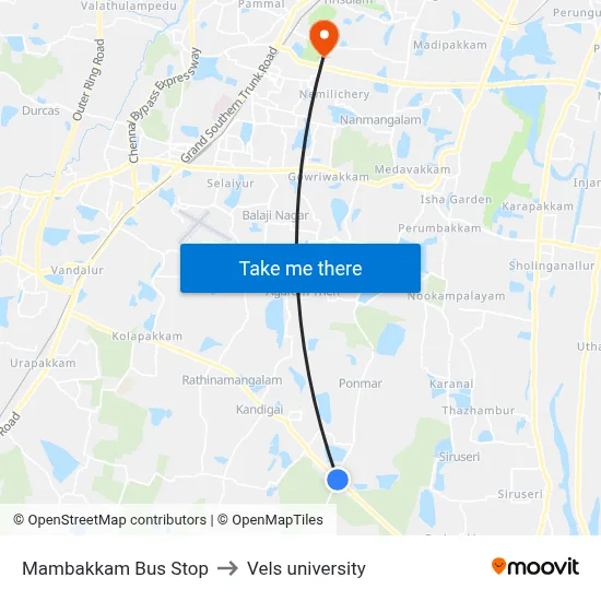 Mambakkam Bus Stop to Vels university map