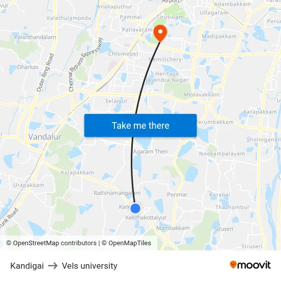 Kandigai to Vels university map
