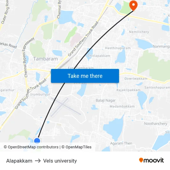 Alapakkam to Vels university map
