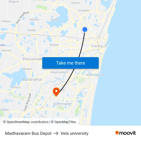 Madhavaram Bus Depot to Vels university map