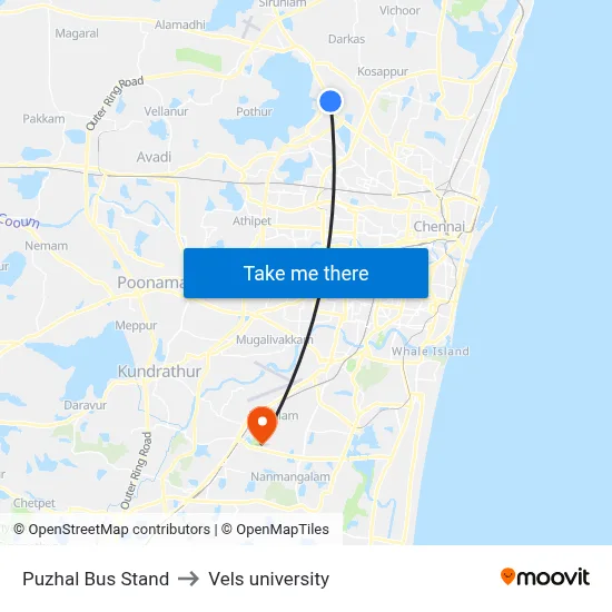 Puzhal Bus Stand to Vels university map
