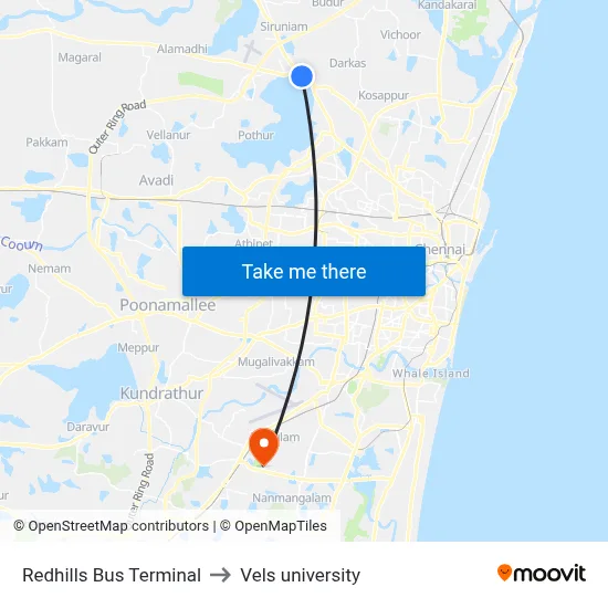 Redhills Bus Terminal to Vels university map
