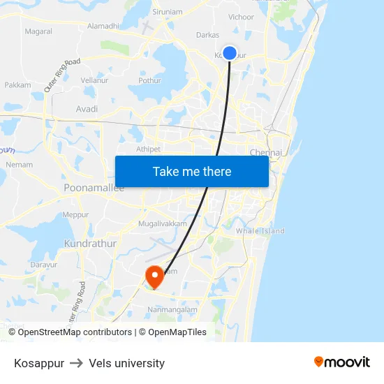 Kosappur to Vels university map