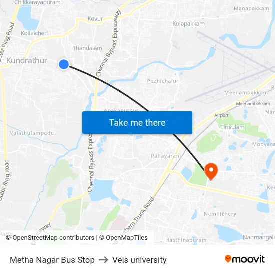 Metha Nagar Bus Stop to Vels university map