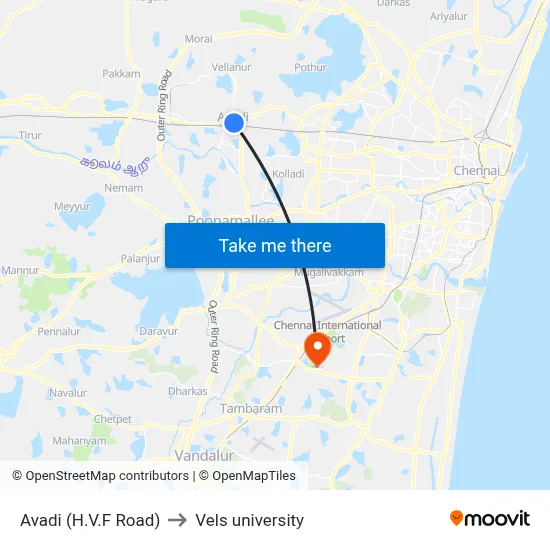 Avadi (H.V.F Road) to Vels university map