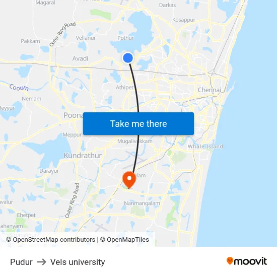 Pudur to Vels university map