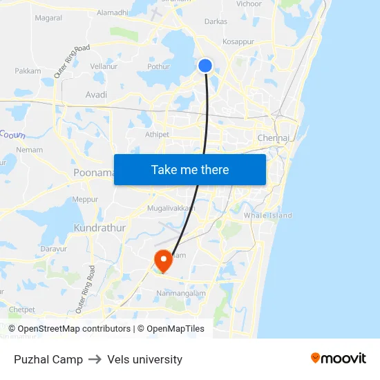 Puzhal Camp to Vels university map
