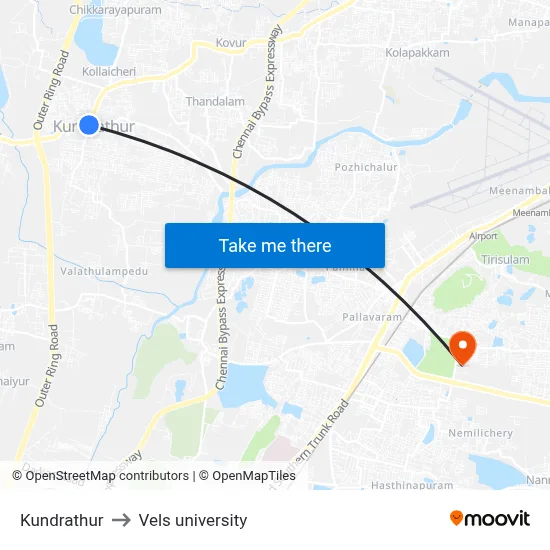Kundrathur to Vels university map