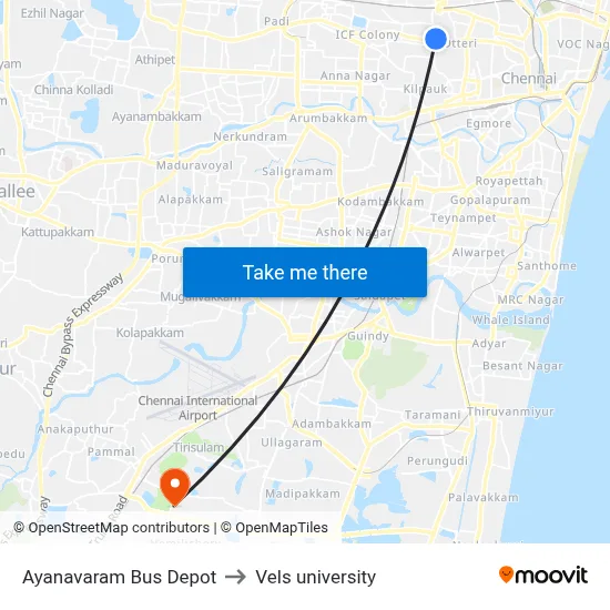Ayanavaram Bus Depot to Vels university map
