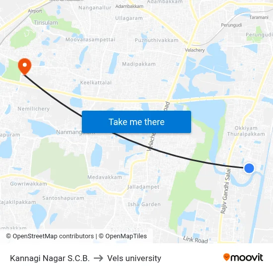 Kannagi Nagar S.C.B. to Vels university map