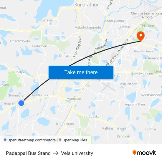 Padappai Bus Stand to Vels university map