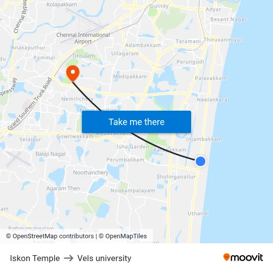 Iskon Temple to Vels university map