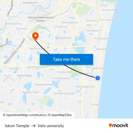 Iskon Temple to Vels university map