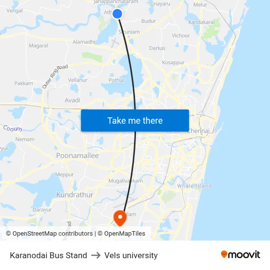 Karanodai Bus Stand to Vels university map