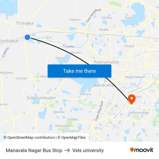 Manavala Nagar Bus Stop to Vels university map