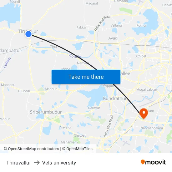 Thiruvallur to Vels university map