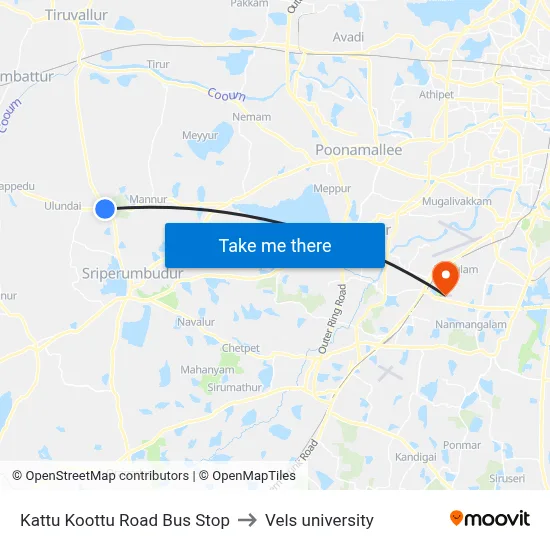 Kattu Koottu Road Bus Stop to Vels university map