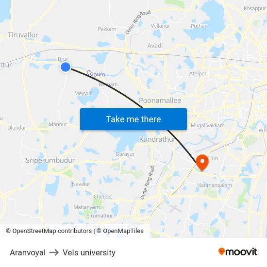 Aranvoyal to Vels university map