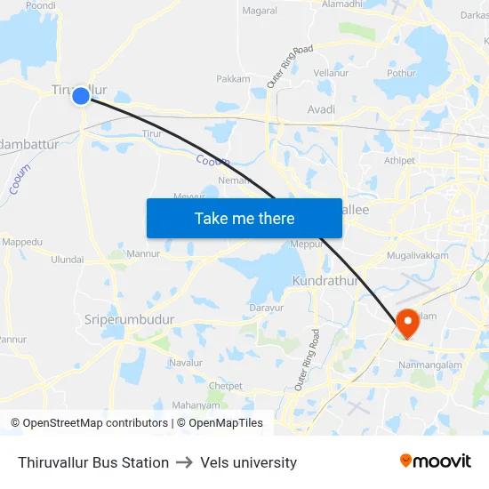 Thiruvallur Bus Station to Vels university map