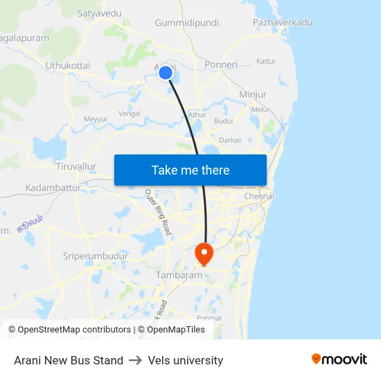Arani New Bus Stand to Vels university map
