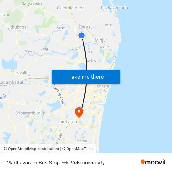 Madhavaram Bus Stop to Vels university map