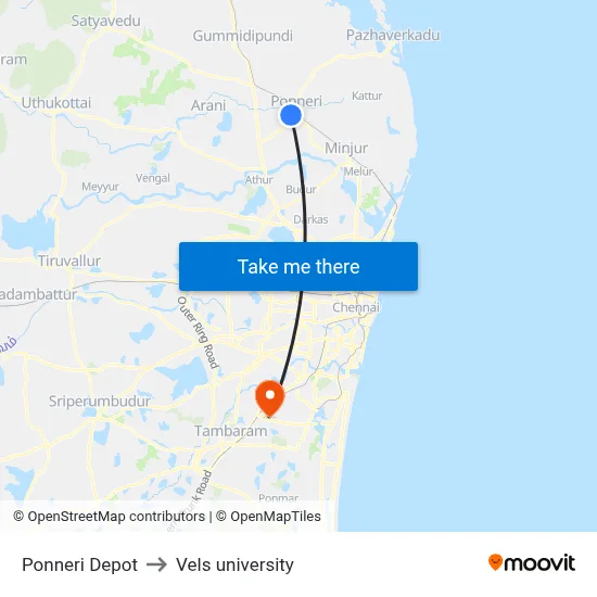 Ponneri Depot to Vels university map