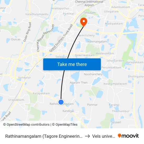 Rathinamangalam (Tagore Engineering College) to Vels university map