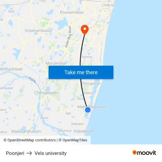 Poonjeri to Vels university map