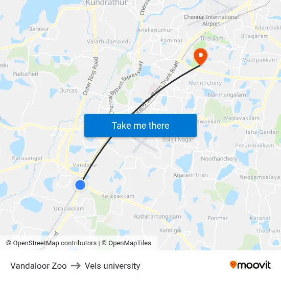 Vandaloor Zoo to Vels university map