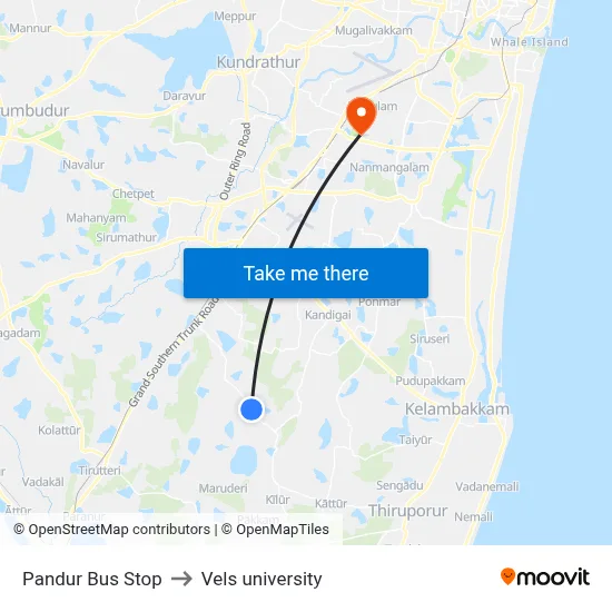 Pandur Bus Stop to Vels university map