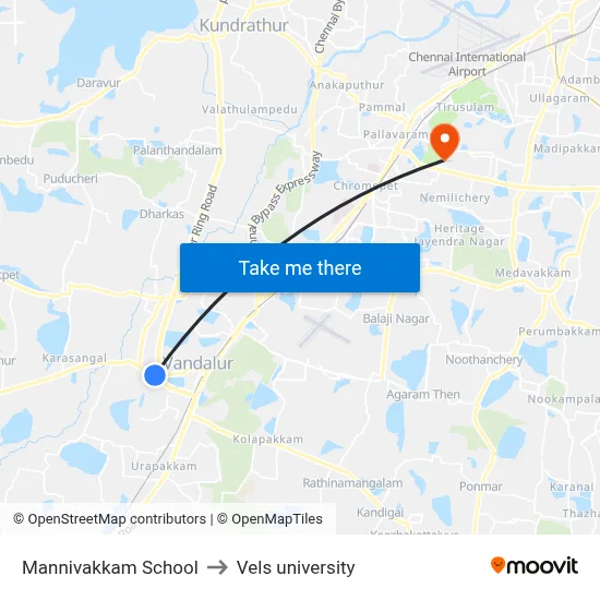 Mannivakkam School to Vels university map
