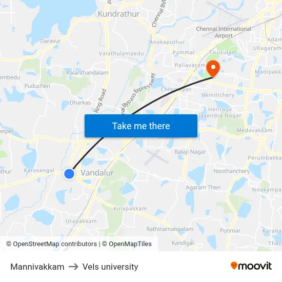 Mannivakkam to Vels university map