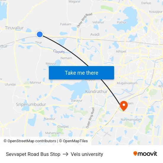 Sevvapet Road Bus Stop to Vels university map