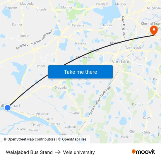 Walajabad Bus Stand to Vels university map