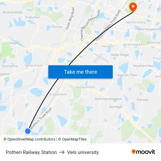 Potheri Railway Station to Vels university map