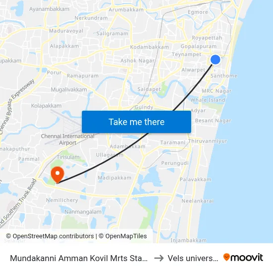 Mundakanni Amman Kovil Mrts Station to Vels university map