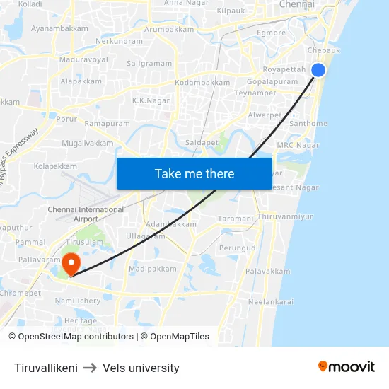 Tiruvallikeni to Vels university map