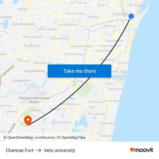Chennai Fort to Vels university map