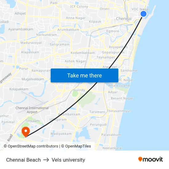 Chennai Beach to Vels university map